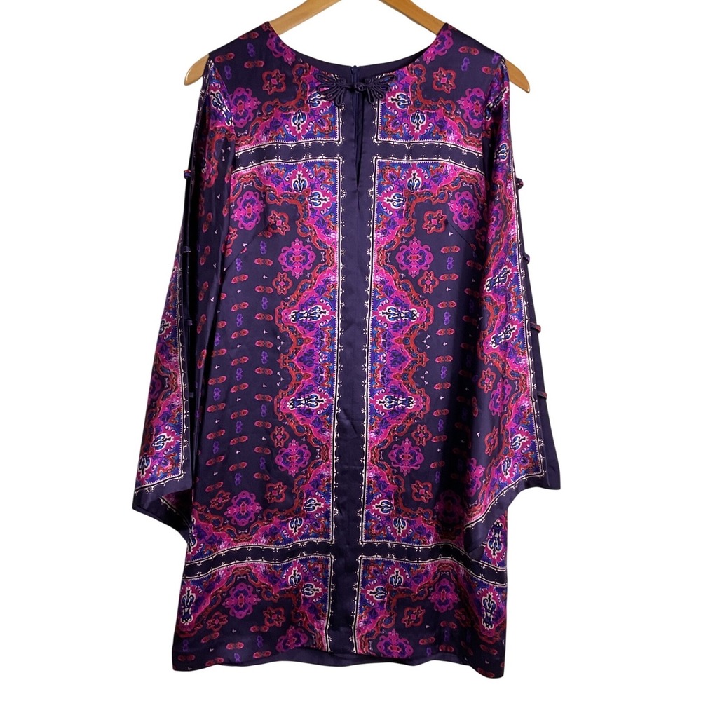 Nanette Lepore vintage Silk Dress Purple Paisley Frog Closure bell sleeve retro